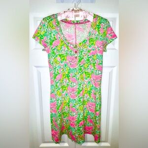 Lilly Pulitzer Palmetto Dress Pima Cotton Womens XSmall Pink Green Flamingo